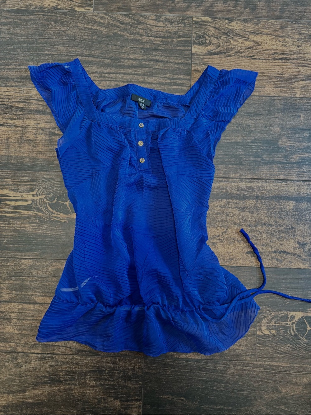 BCX Cobalt Blue Textured Ruffle Tie-Waist Blouse